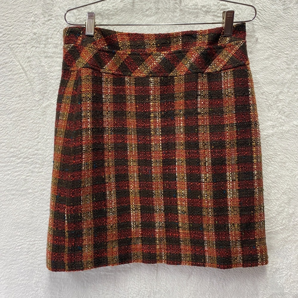 Dressbarn Tweed Short Skirt Wool Blend Sz 8 Brown Plaid Buttons Equestrian Fall - Picture 3 of 9
